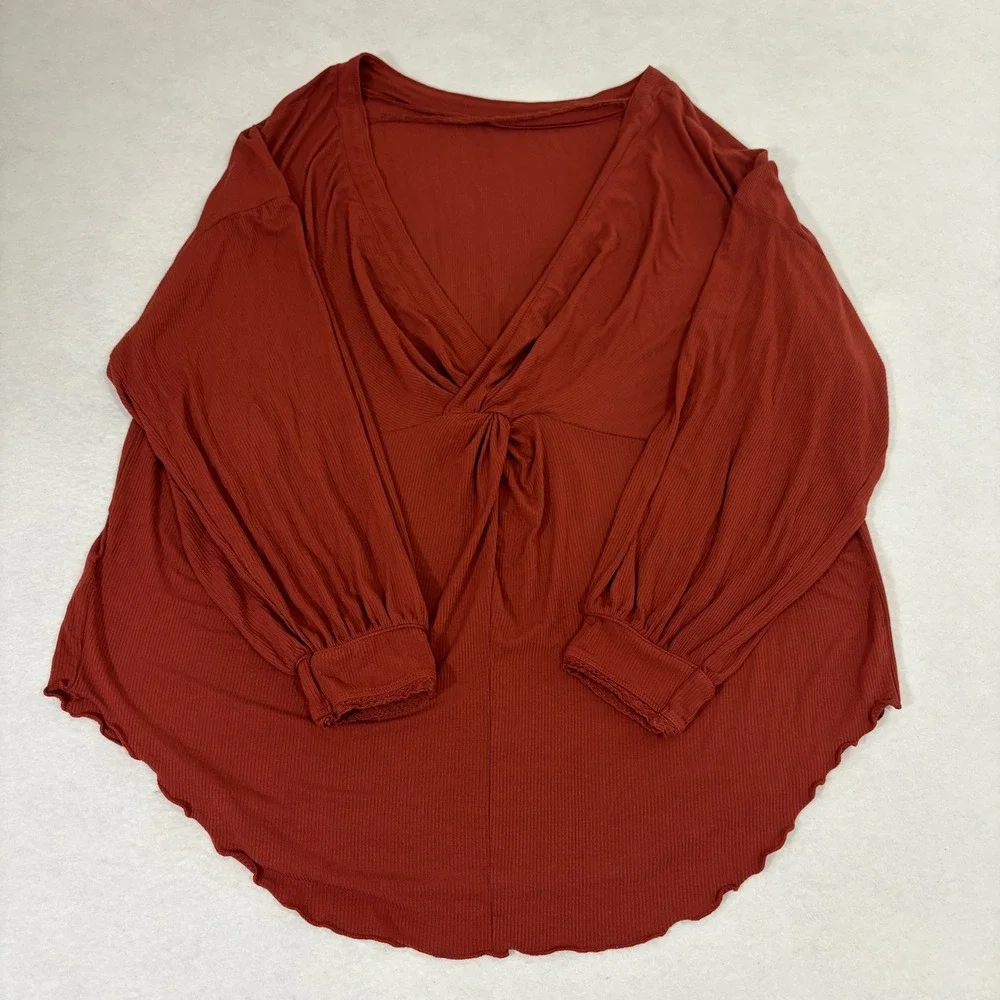 Free People Check On It Wrap Top Small Ribbed VNeck Long Sleeve Red/Burnt Orange